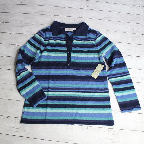 Studio Works Vintage Women's Polo Top Size S Blue Stripe - Picture 1 of 4